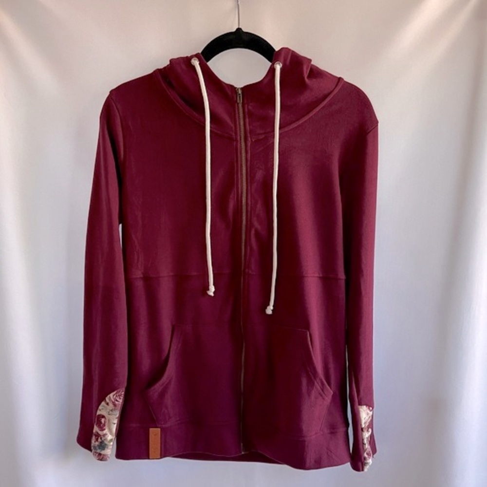 Shirley & Stone Floral Detail Zip Up Soft‎ Hooded Burgundy Sweatshirt Size Small